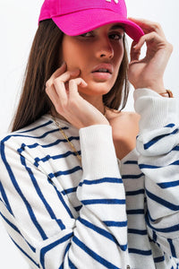 Q2 Women's Sweater Button Down Cream Cardigan Top in Stripe