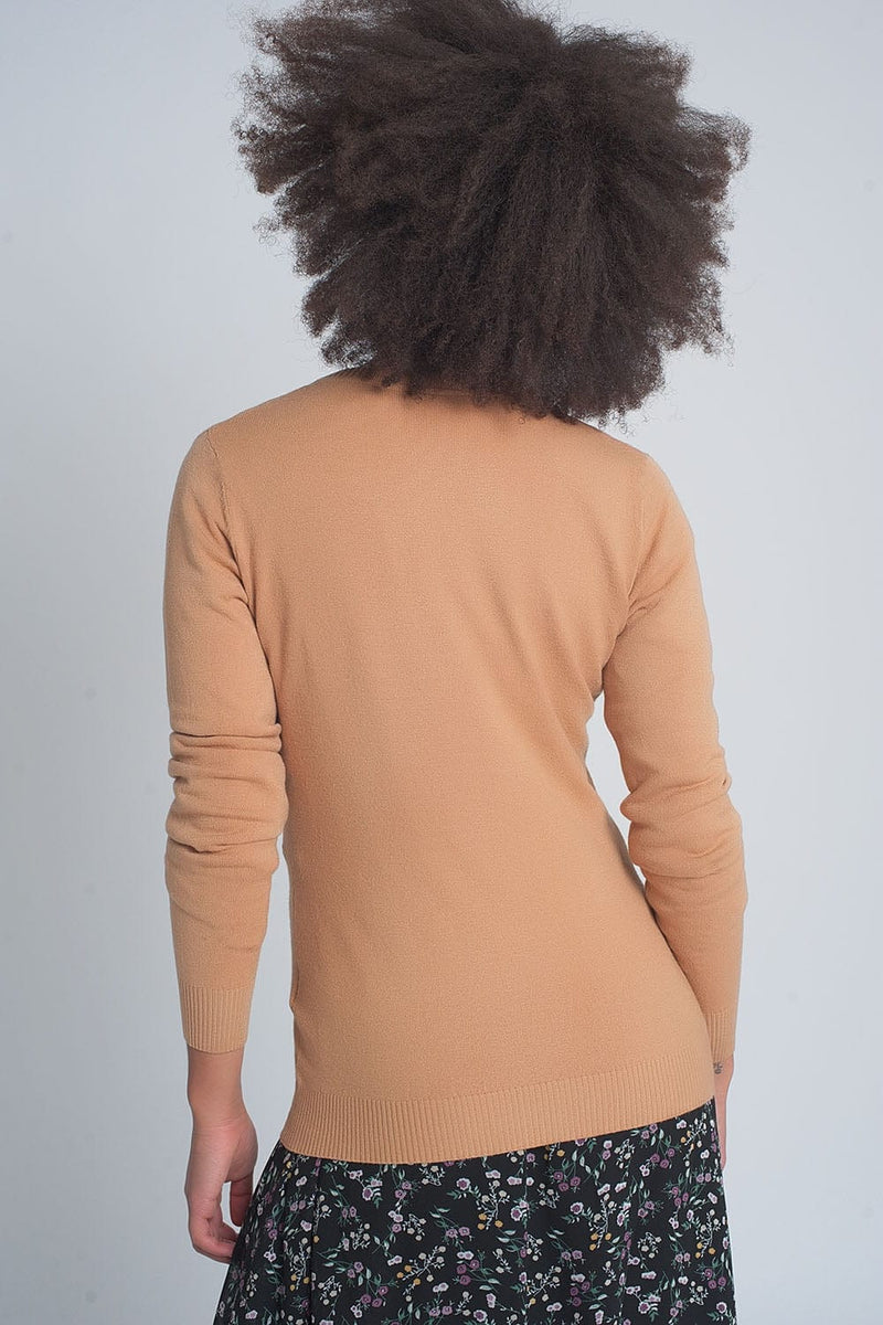 Q2 Women's Sweater Button Front Cropped Knit Cardigan in Camel
