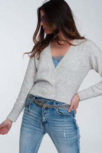 Q2 Women's Sweater Button Front Cropped Knit Cardigan in Light Gray