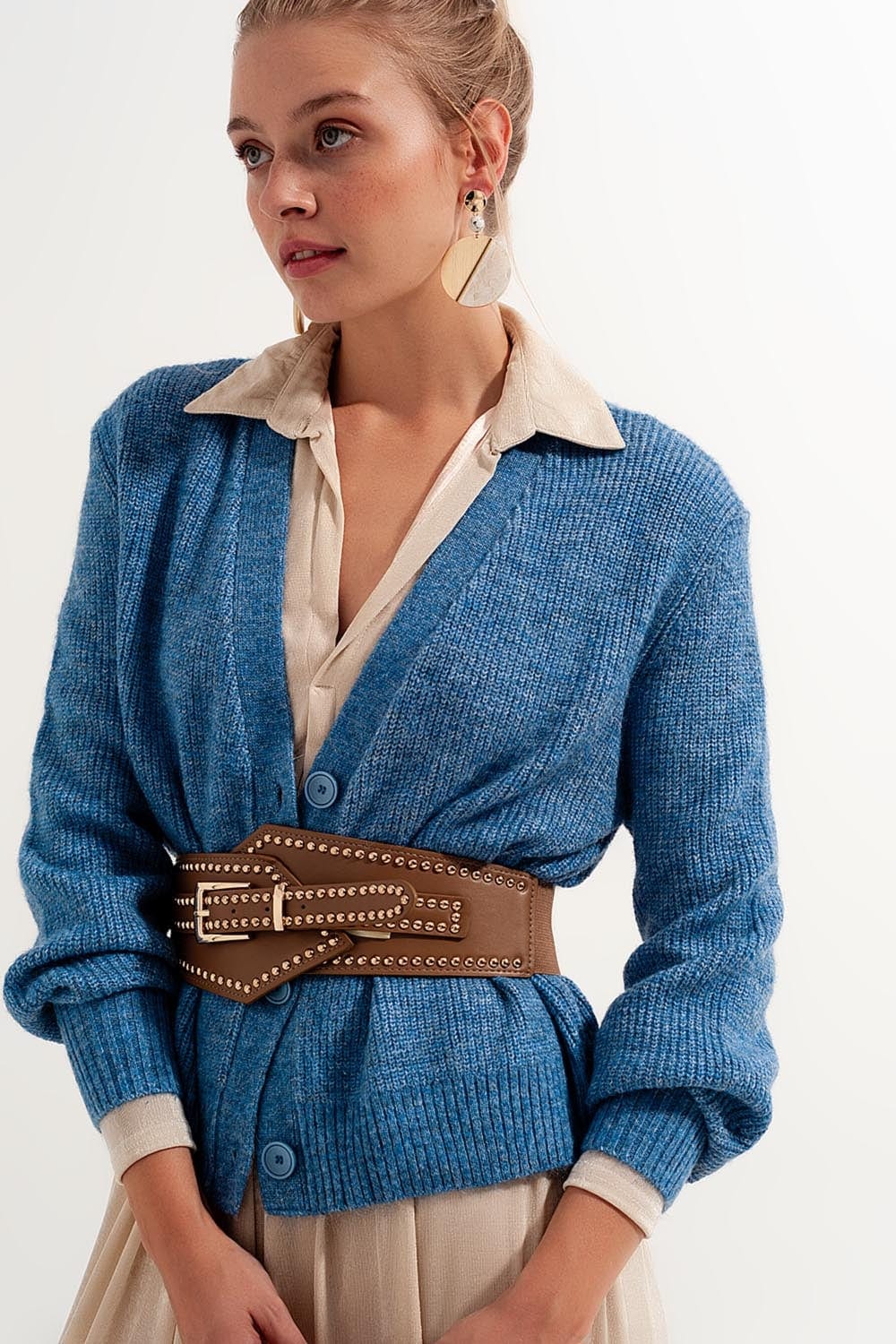 Q2 Women's Sweater Button Through Cardigan in Blue