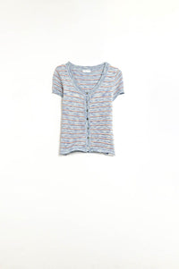 Q2 Women's Sweater Buttoned Sweater In Blue Featuring Orange Stripes