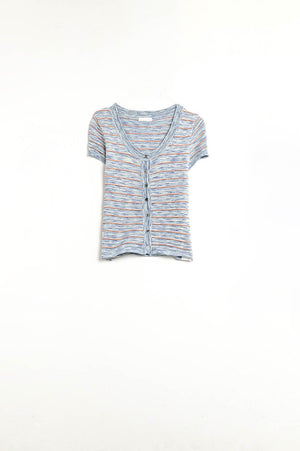Q2 Women's Sweater Buttoned Sweater In Blue Featuring Orange Stripes