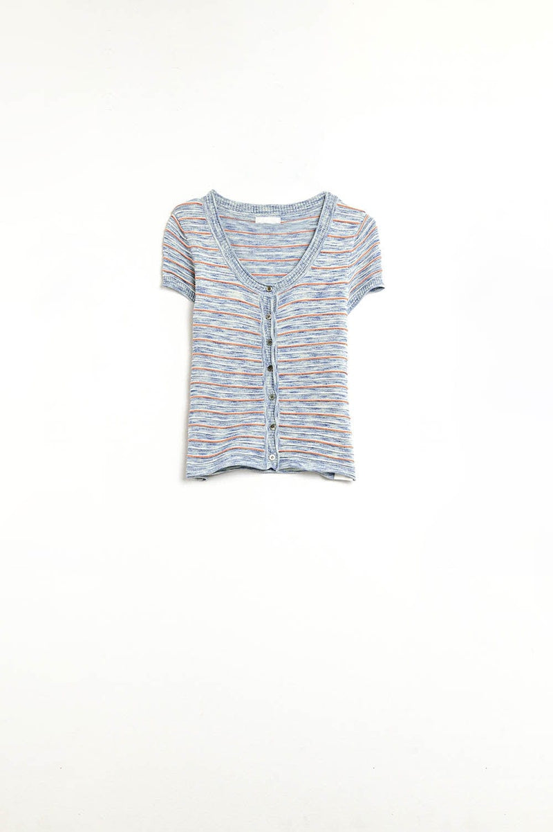 Q2 Women's Sweater Buttoned Sweater In Blue Featuring Orange Stripes