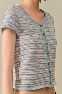 Q2 Women's Sweater Buttoned Sweater In Blue Featuring Orange Stripes