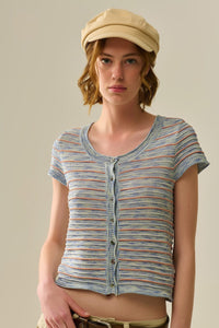 Q2 Women's Sweater Buttoned Sweater In Blue Featuring Orange Stripes