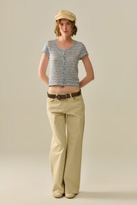 Q2 Women's Sweater Buttoned Sweater In Blue Featuring Orange Stripes