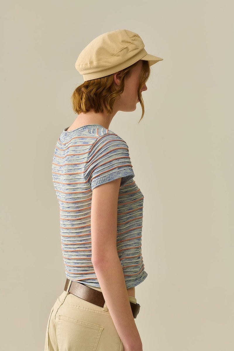 Q2 Women's Sweater Buttoned Sweater In Blue Featuring Orange Stripes