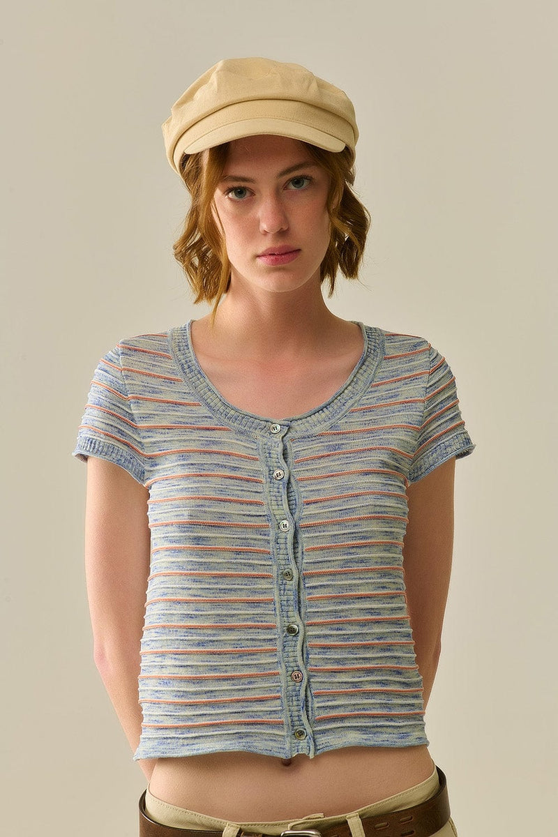 Q2 Women's Sweater Buttoned Sweater In Blue Featuring Orange Stripes
