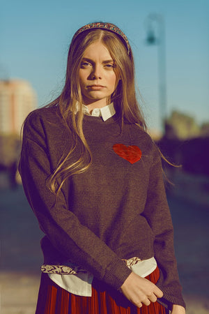 Q2 Women's Sweater Carbon Grey Sweater With Red Heart Detail