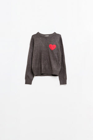 Q2 Women's Sweater Carbon Grey Sweater With Red Heart Detail