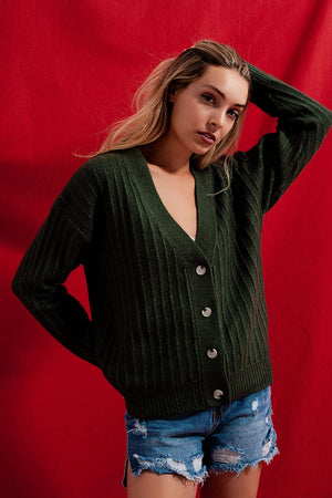 Q2 Women's Sweater Cardigan with Balloon Sleeve in Green