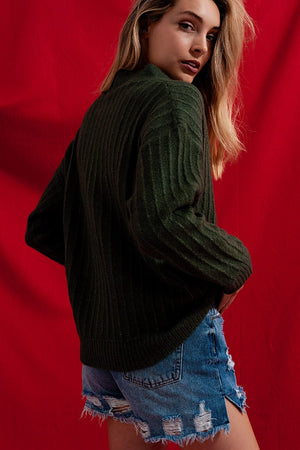 Q2 Women's Sweater Cardigan with Balloon Sleeve in Green