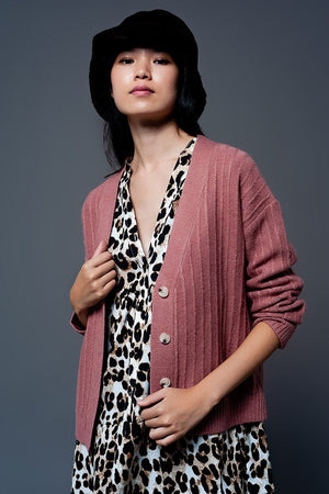 Q2 Women's Sweater Cardigan with Balloon Sleeve in Pink