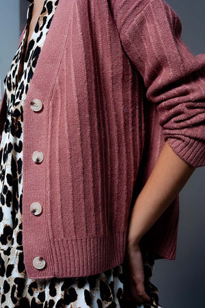 Q2 Women's Sweater Cardigan with Balloon Sleeve in Pink