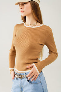 Q2 Women's Sweater Casual Camel Rib Swearer With White Trim Detail