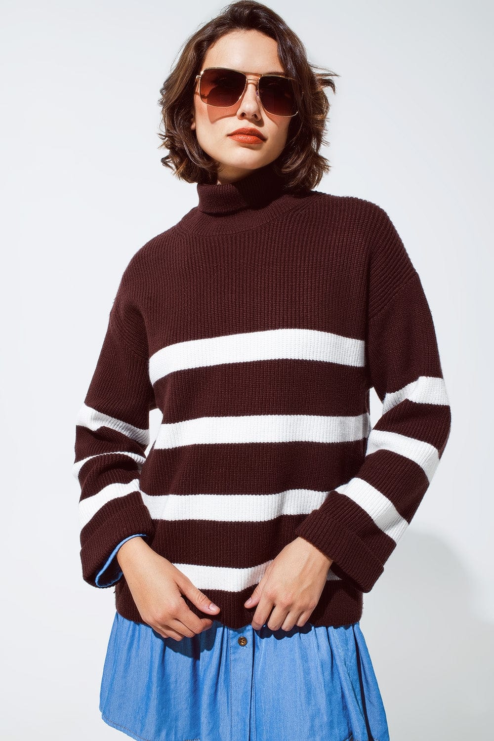 Q2 Women's Sweater Chocolate Brown Turtle Neck Sweater With White  Stripes