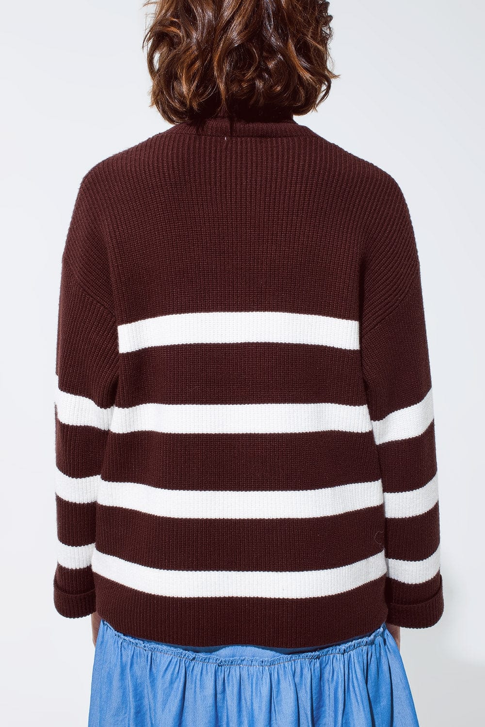 Q2 Women's Sweater Chocolate Brown Turtle Neck Sweater With White  Stripes