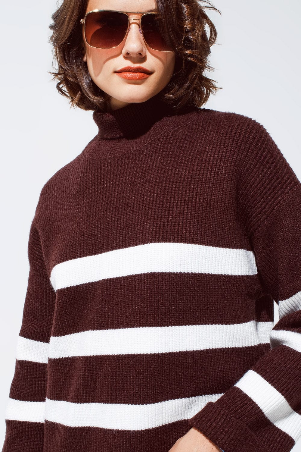 Q2 Women's Sweater Chocolate Brown Turtle Neck Sweater With White  Stripes