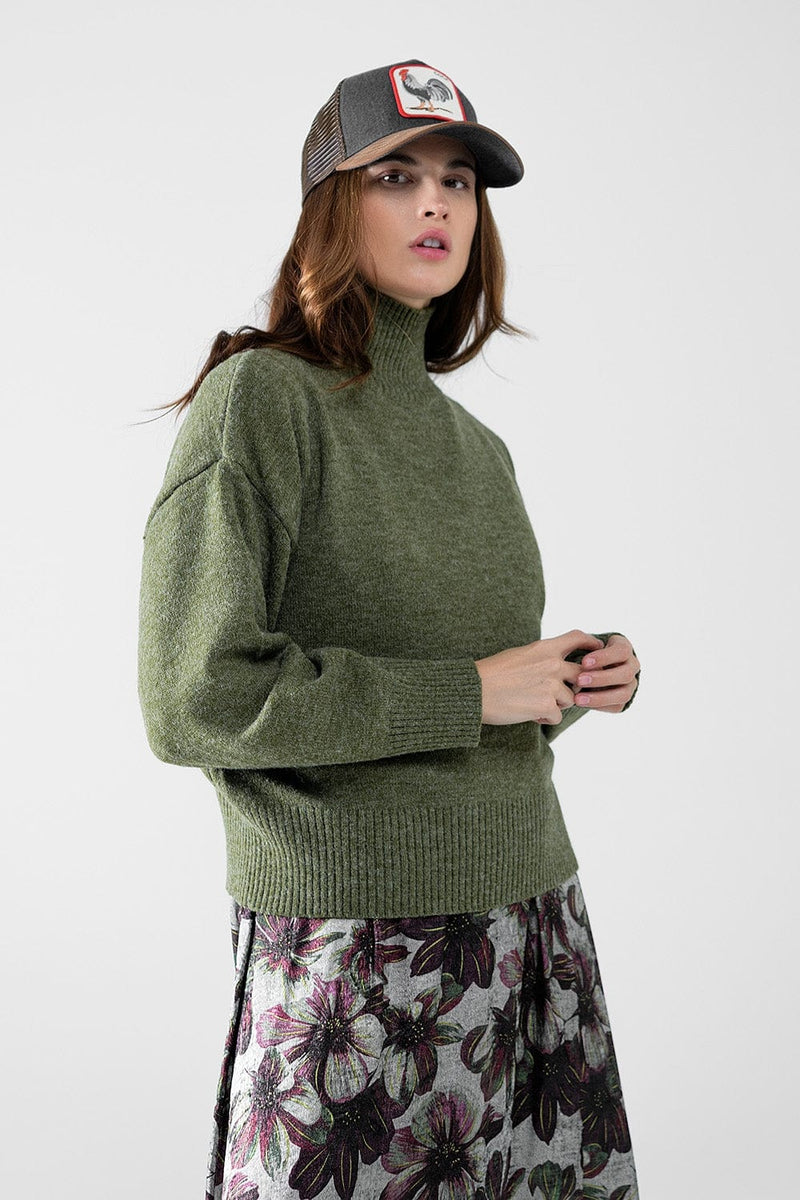 Q2 Women's Sweater Chunky Knit Sweater In Green With Turtleneck