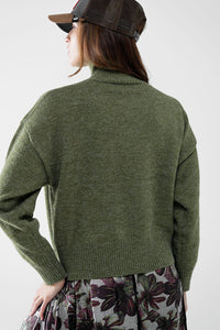 Q2 Women's Sweater Chunky Knit Sweater In Green With Turtleneck