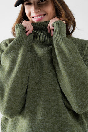 Q2 Women's Sweater Chunky Knit Sweater In Green With Turtleneck