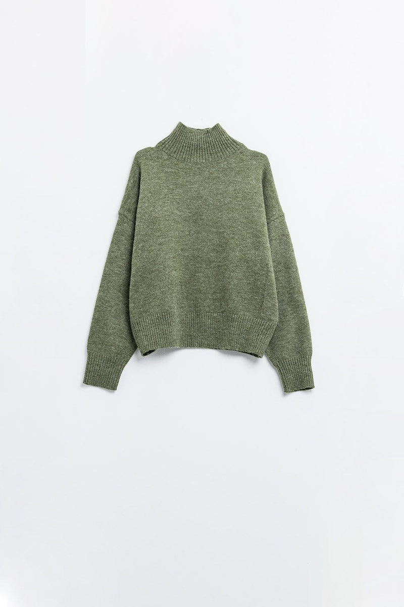 Q2 Women's Sweater Chunky Knit Sweater In Green With Turtleneck