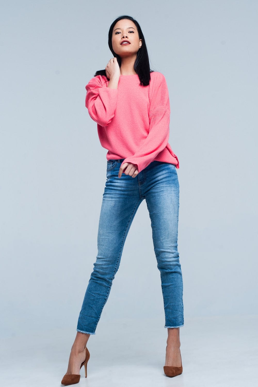 Q2 Women's Sweater Coral Fine Knitted Sweater with Glitter Details