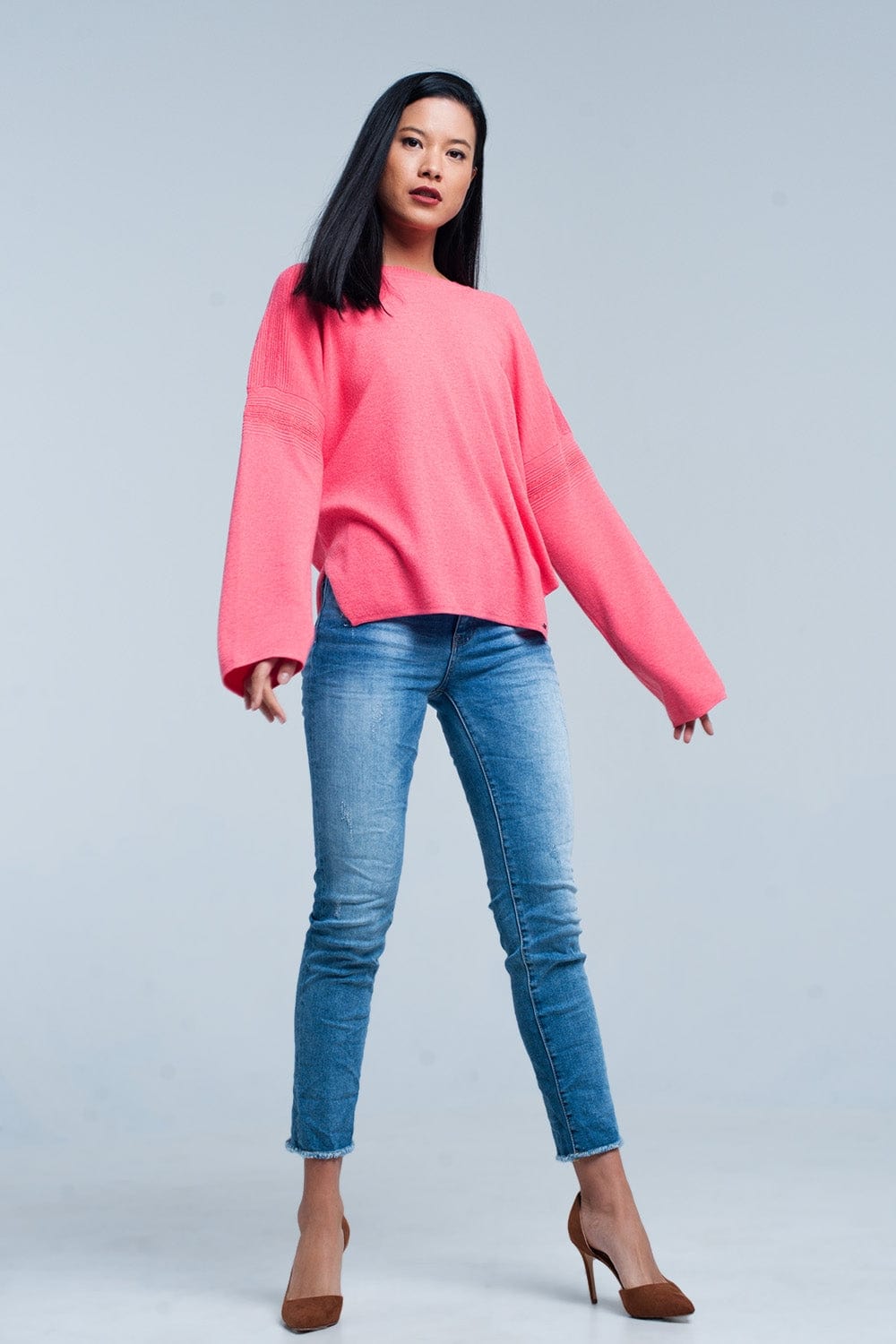 Q2 Women's Sweater Coral Fine Knitted Sweater with Glitter Details