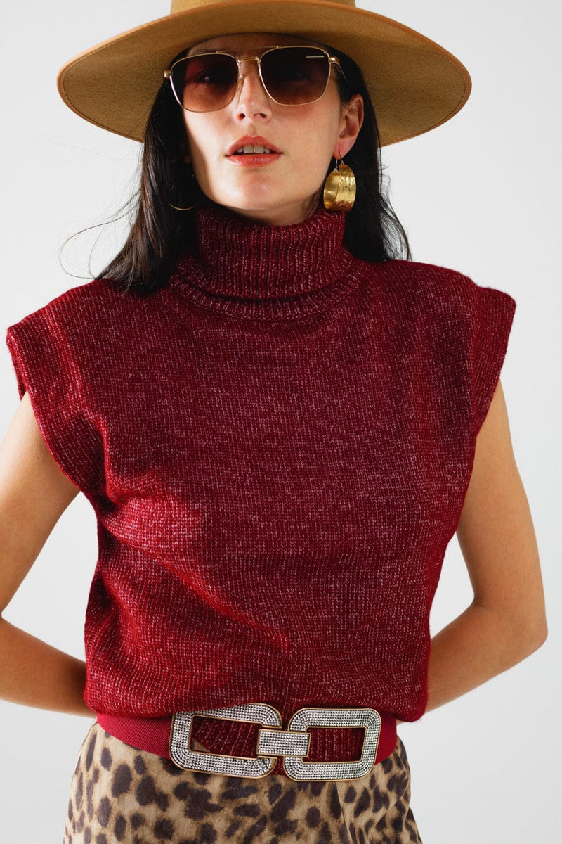 Q2 Women's Sweater Cozy Turtleneck Sleeveless Sweater In Burgundy