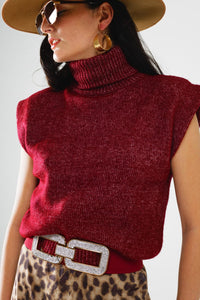 Q2 Women's Sweater Cozy Turtleneck Sleeveless Sweater In Burgundy