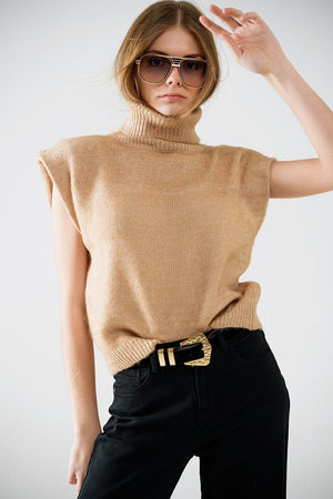 Q2 Women's Sweater Cozy Turtleneck Sleeveless Sweater In Camel