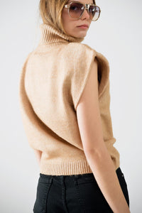 Q2 Women's Sweater Cozy Turtleneck Sleeveless Sweater In Camel