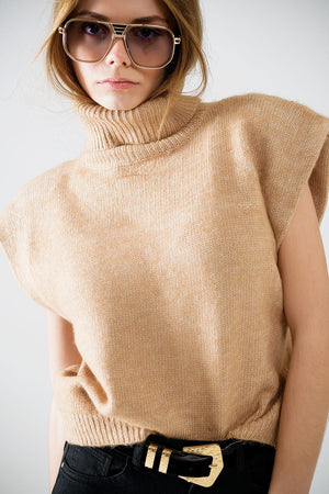 Q2 Women's Sweater Cozy Turtleneck Sleeveless Sweater In Camel