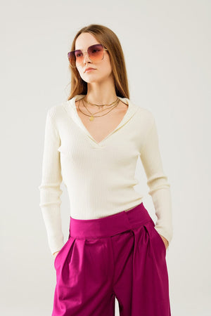 Q2 Women's Sweater Cream Collared Rib Sweater With Long Sleeves