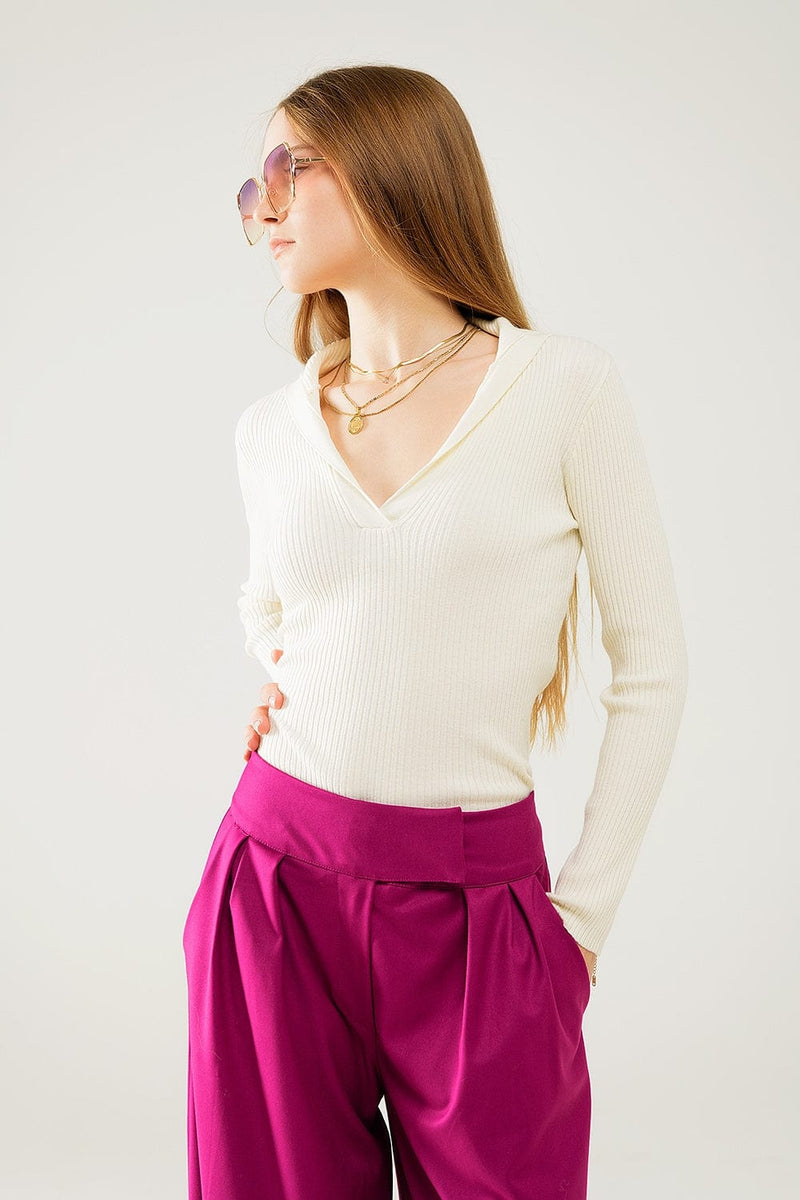 Q2 Women's Sweater Cream Collared Rib Sweater With Long Sleeves