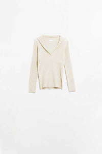 Q2 Women's Sweater Cream Collared Rib Sweater With Long Sleeves