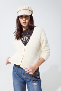 Q2 Women's Sweater Cream Fluffy Cardigan With Silver Buttons