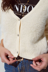 Q2 Women's Sweater Cream Fluffy Cardigan With Silver Buttons