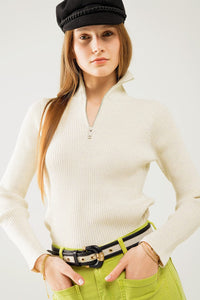 Q2 Women's Sweater Cream Ribbed Fitted Sweater With Zip Closure