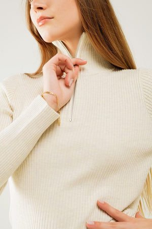 Q2 Women's Sweater Cream Ribbed Fitted Sweater With Zip Closure