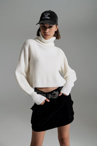 Q2 Women's Sweater Cream Ribbed Knit Turtleneck Jumper With Balloon Sleeves