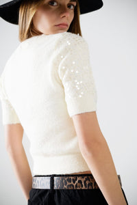 Q2 Women's Sweater Cream Short Sleeve Sequin Sweater