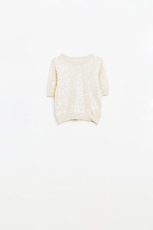 Q2 Women's Sweater Cream Short Sleeve Sequin Sweater