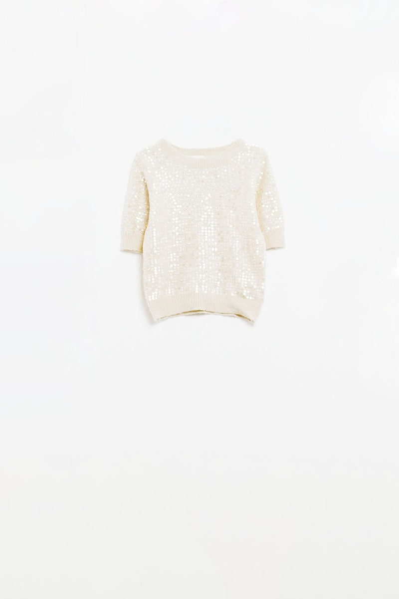 Q2 Women's Sweater Cream Short Sleeve Sequin Sweater