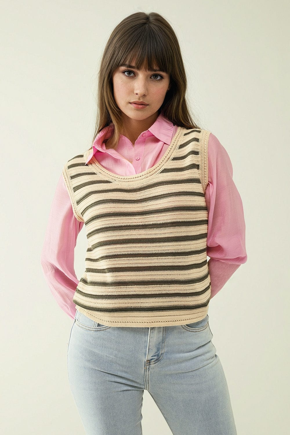 Q2 Women's Sweater Cream Sleeveless Knit Top With Khaki Stripes
