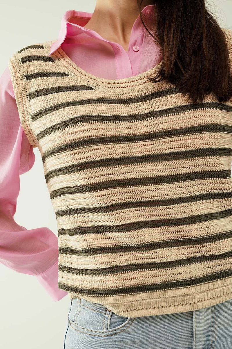 Q2 Women's Sweater Cream Sleeveless Knit Top With Khaki Stripes