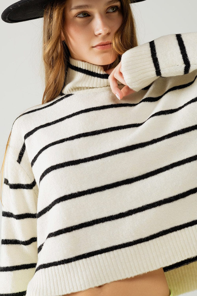 Q2 Women's Sweater Cream Striped Sweater In Black With High Neck