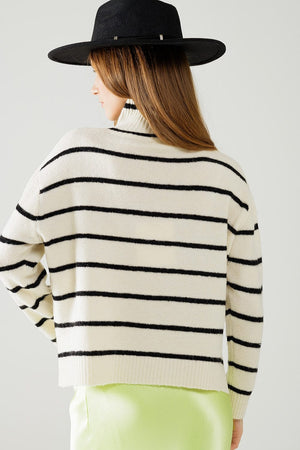 Q2 Women's Sweater Cream Striped Sweater In Black With High Neck