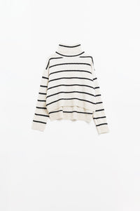 Q2 Women's Sweater Cream Striped Sweater In Black With High Neck