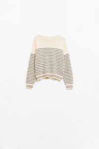 Q2 Women's Sweater Cream Sweater With Brown Stripes And Boat Neck